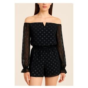 NWT Express Black Metallic Polka Dot Off Shoulder Romper Medium Glam Night Out
